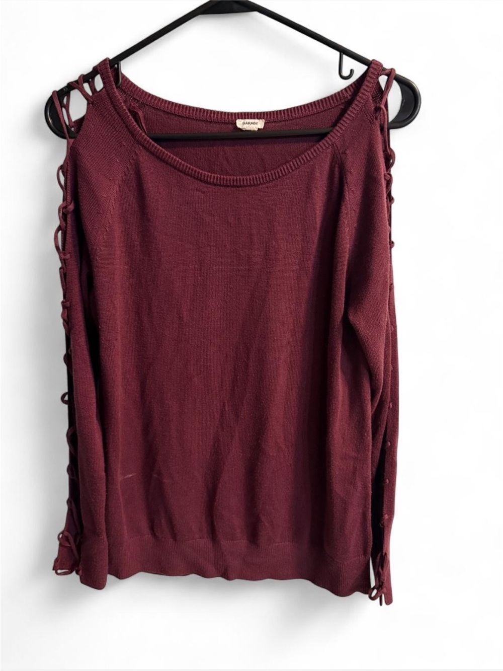 Garage Burgundy Cold-Shoulder Lace-Up Sweater